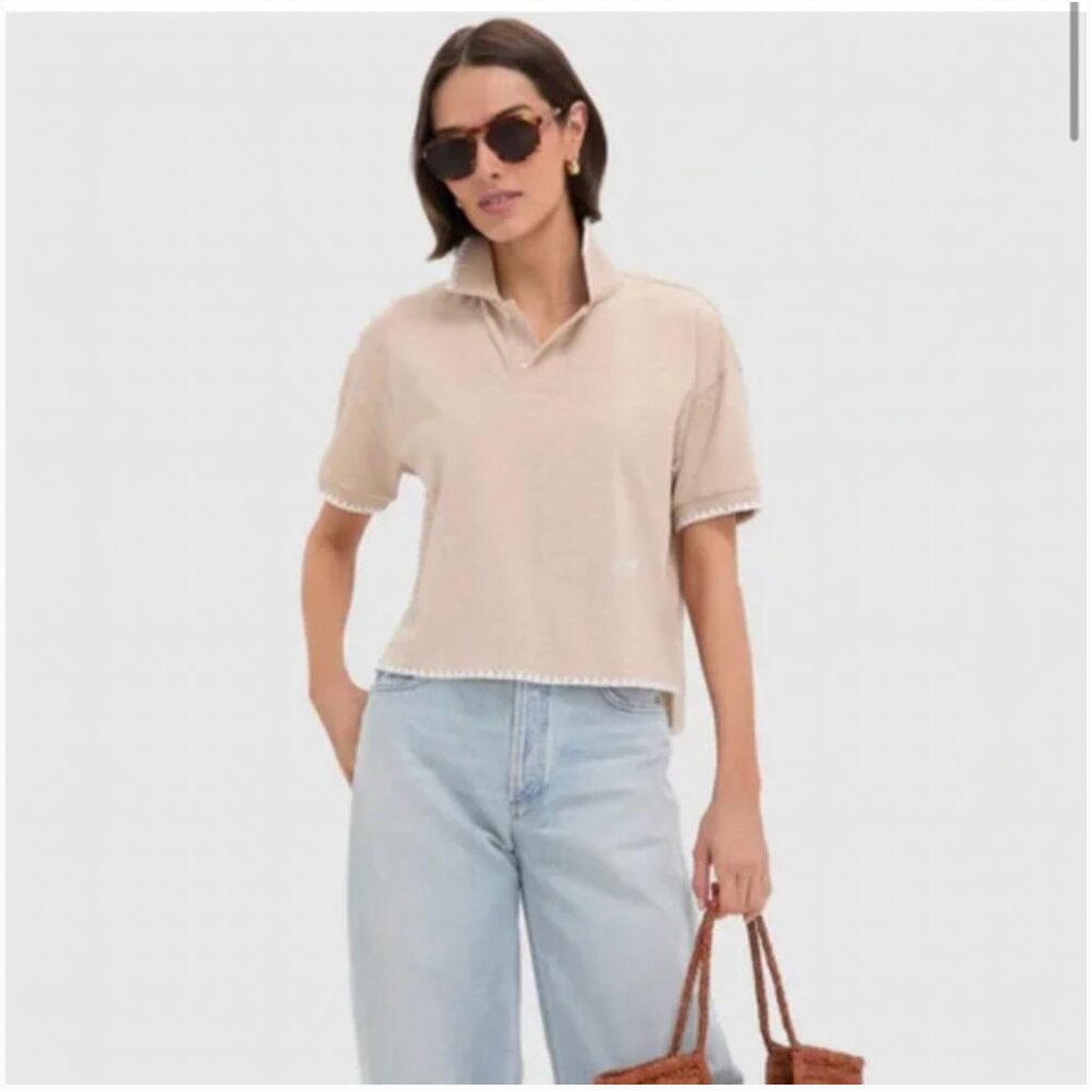 Tuckernuck Holmes Boyfriend Polo Short Sleeve in Sandstone Whipstitch size Small